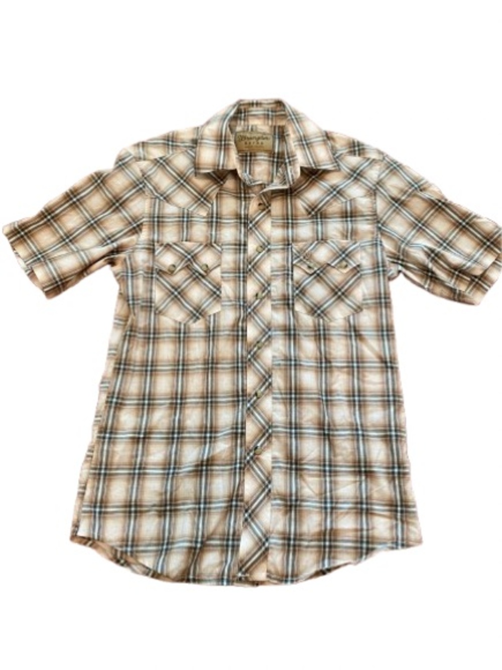 Men’s Wrangler Retro Short Sleeve Top Plaid Button-Down Shirt in Beige and Brown